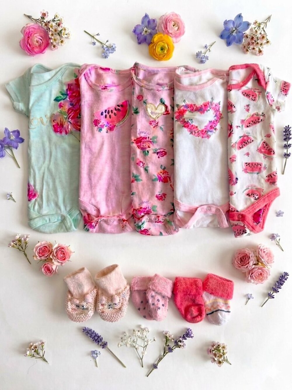 BETSEY JOHNSON Bodysuits / Onesies Tops Pink Florals and Socks 12 Months EUC